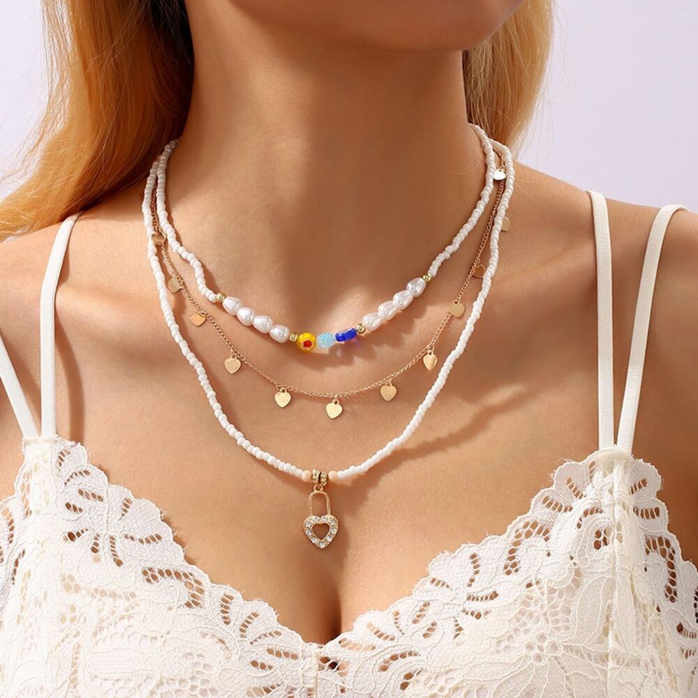 3 Pc Elegant Geometric Heart Shape Flower Alloy Glass Plating Pendant Necklace